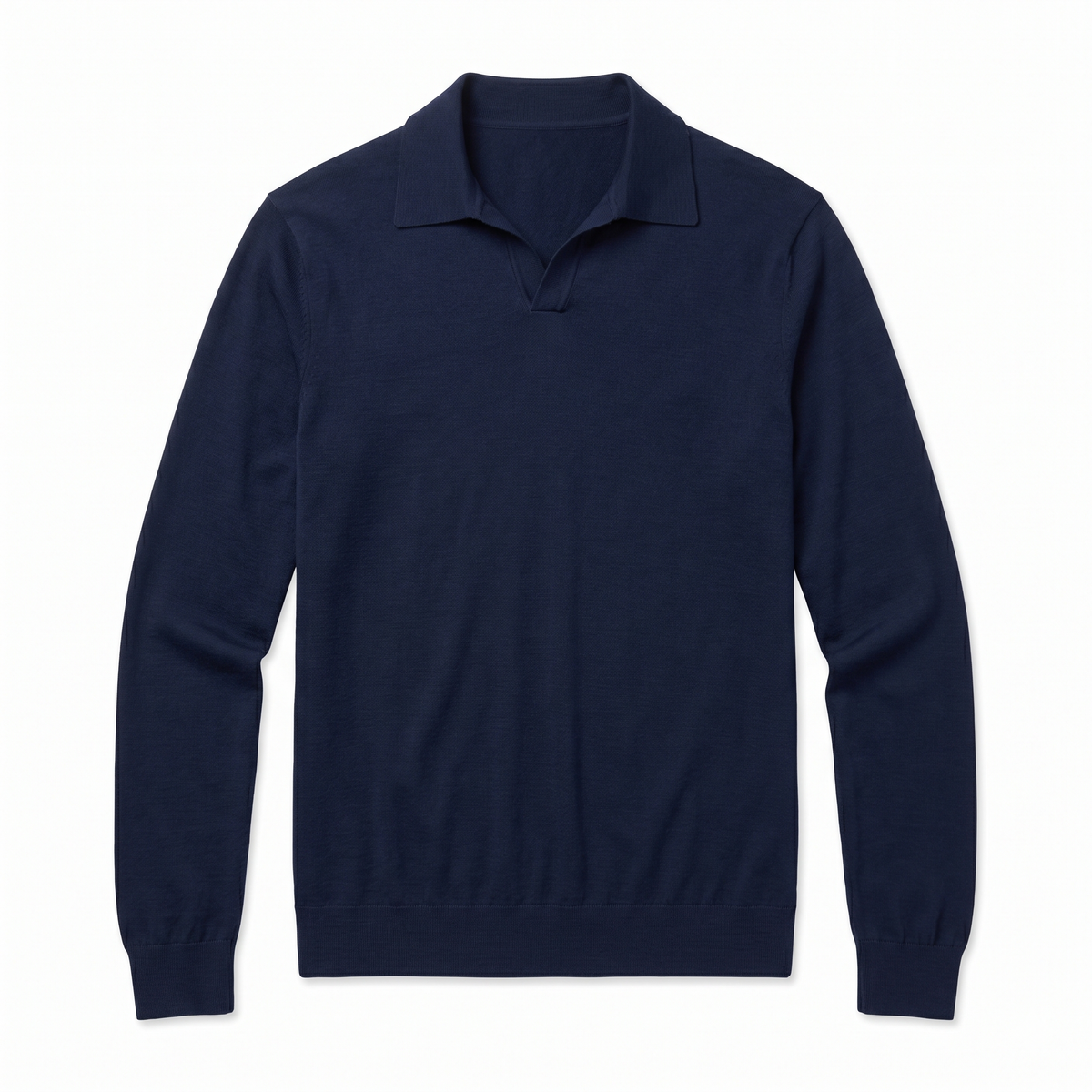 Navy Merino Wool Long Sleeve Polo Shirt